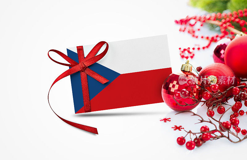 Czech Republic flag on new year invitation card with red christmas ornaments concept. National happy new year composition.